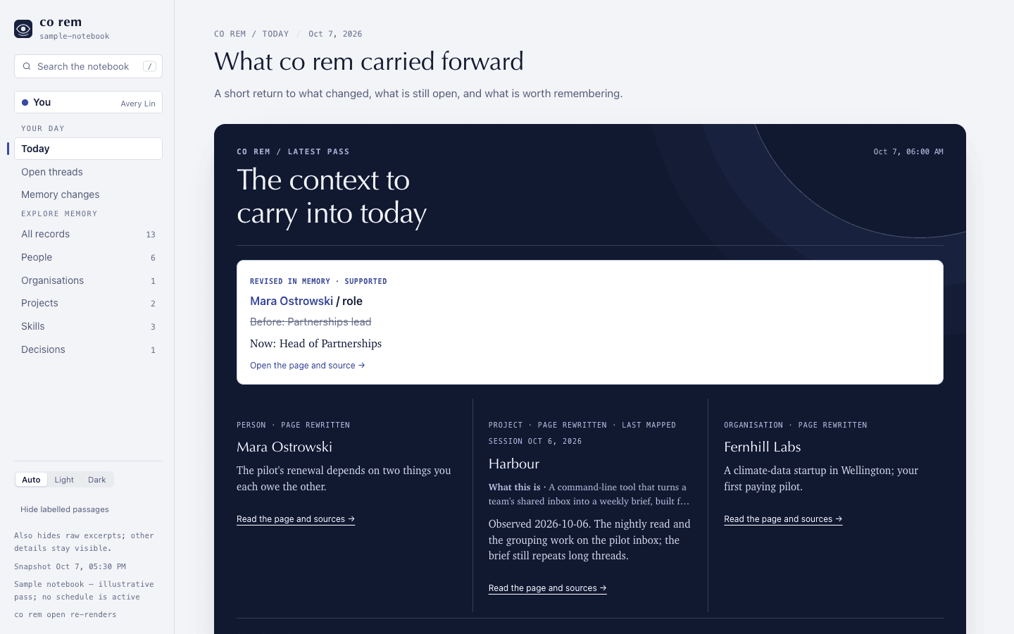 co rem reader showing the morning brief, an older memory to recall, and open threads