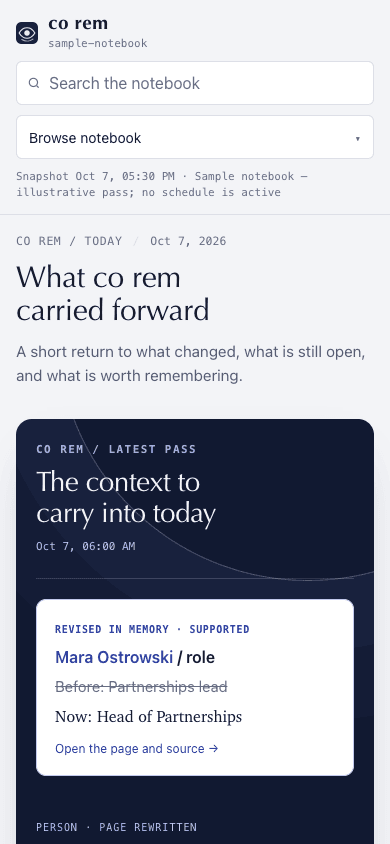 co rem morning reader at phone width showing today's context and open threads