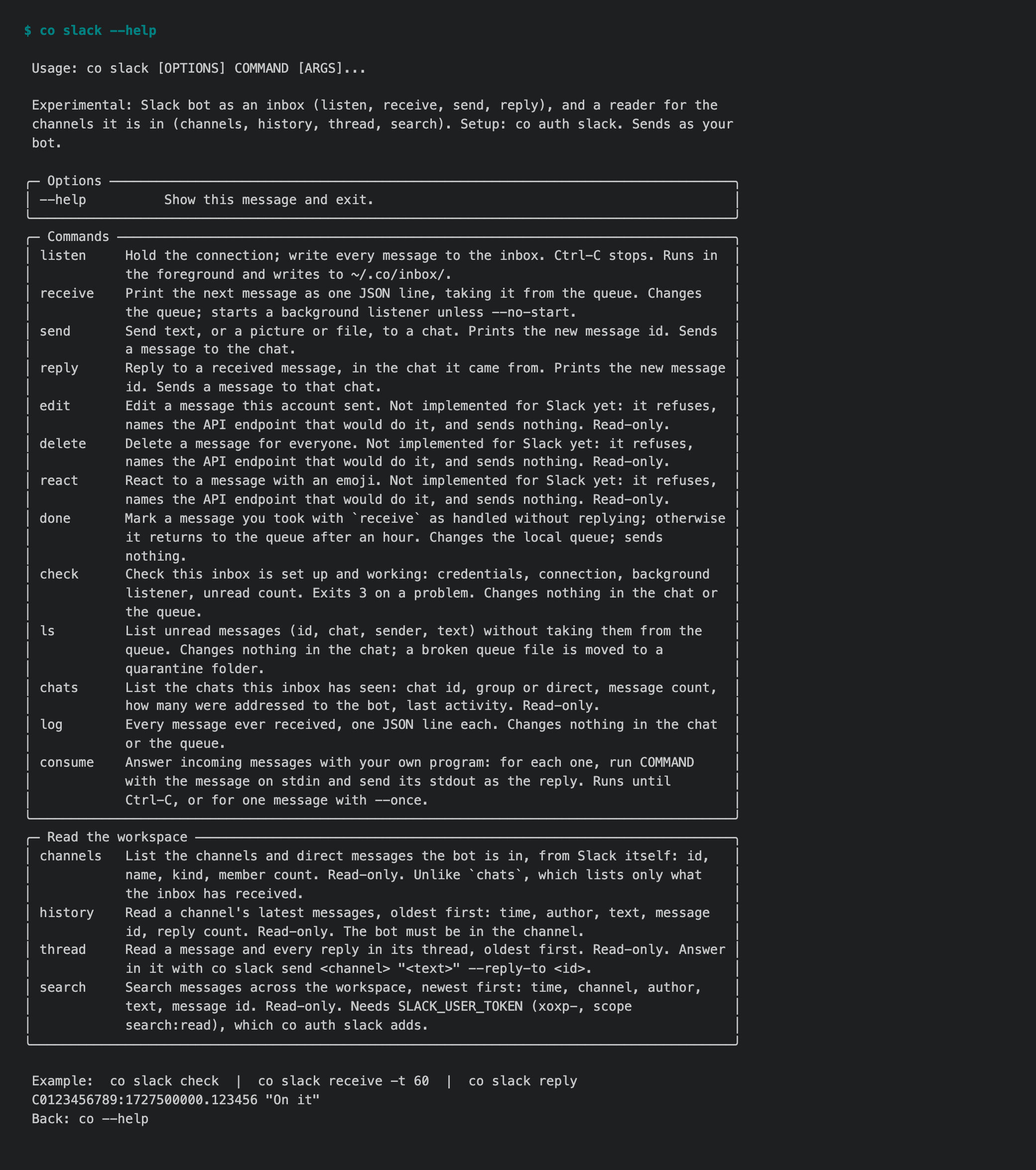 co slack --help