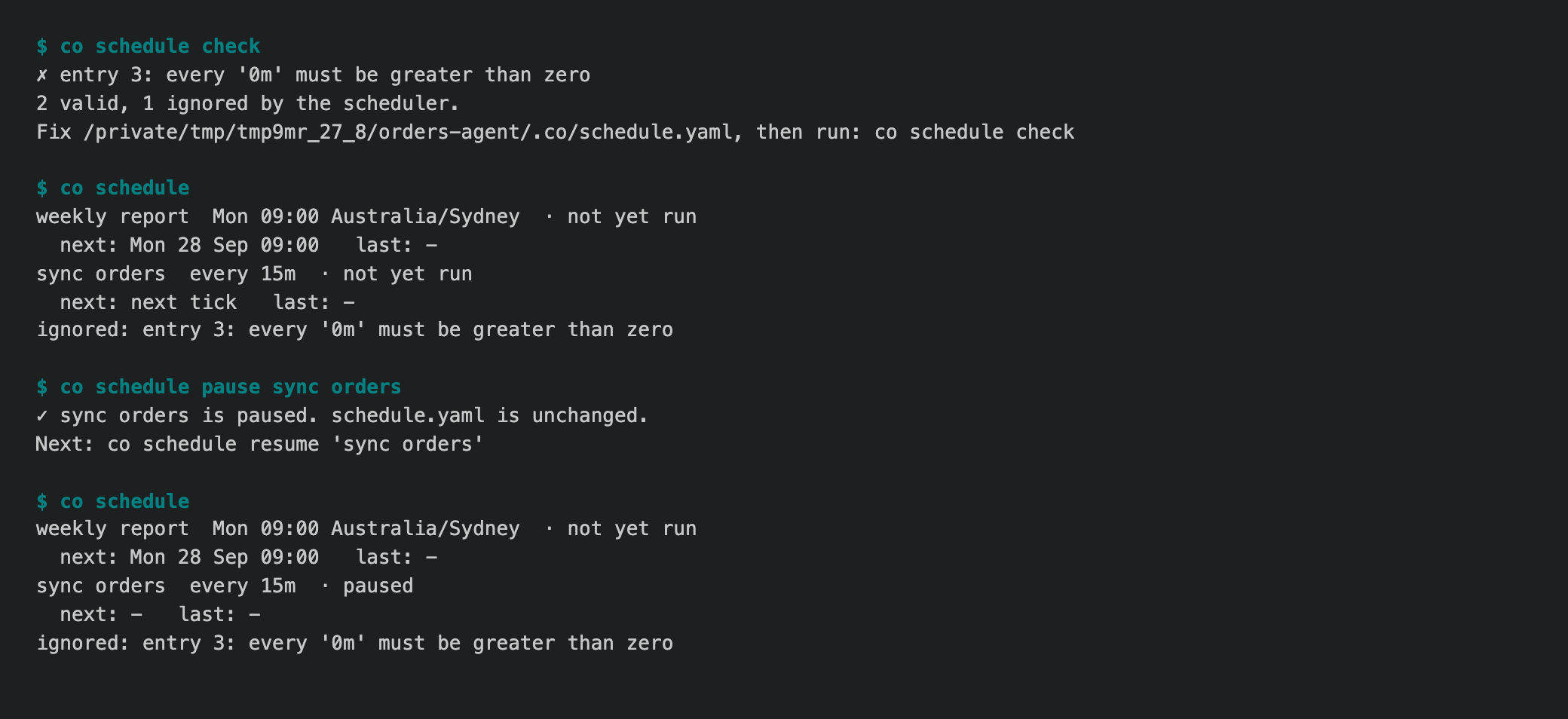 co schedule check, list, pause, and list again on a demo project