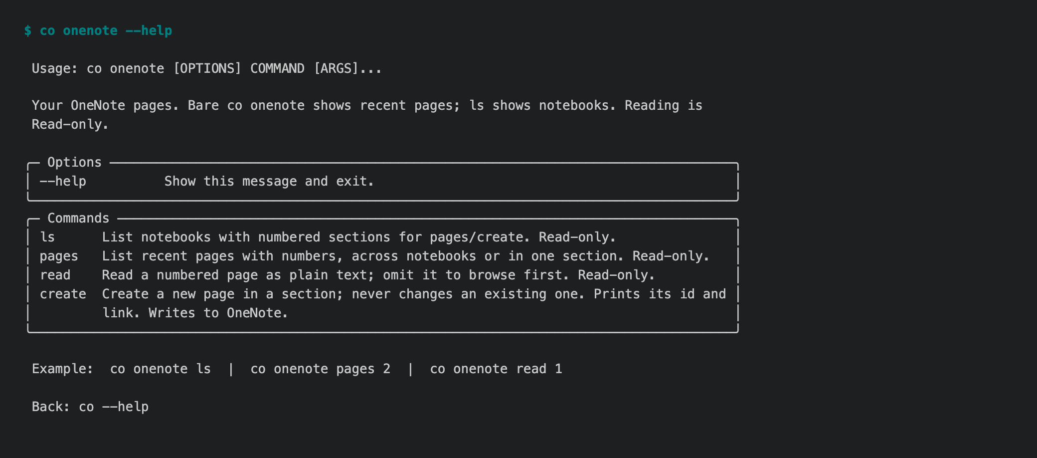 co onenote --help: ls, pages, read and create