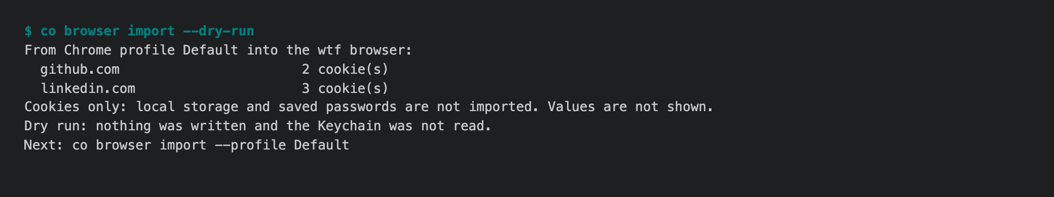 A dry run against an example Chrome profile