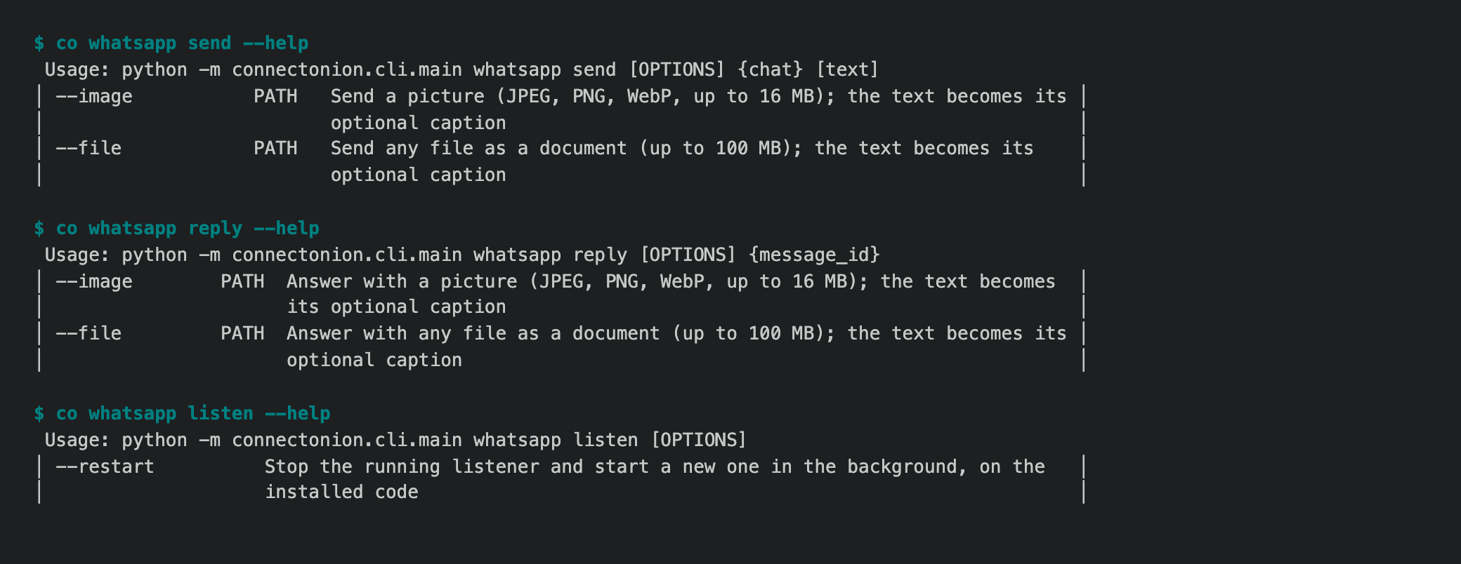 co whatsapp send and reply with --image and --file, and listen --restart
