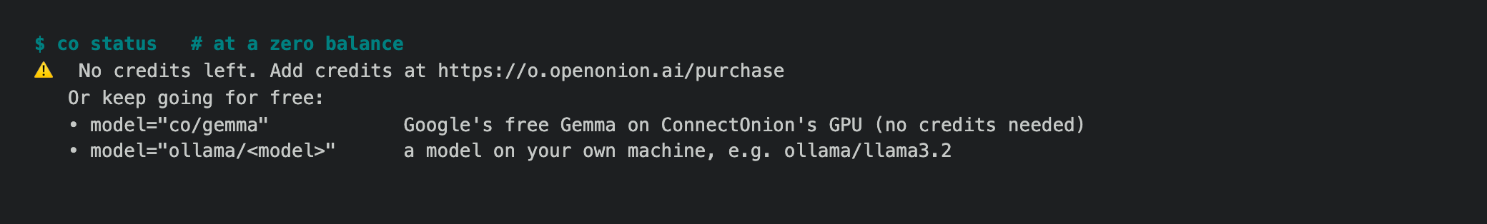 co status at a zero balance naming co/gemma and ollama beside the purchase page
