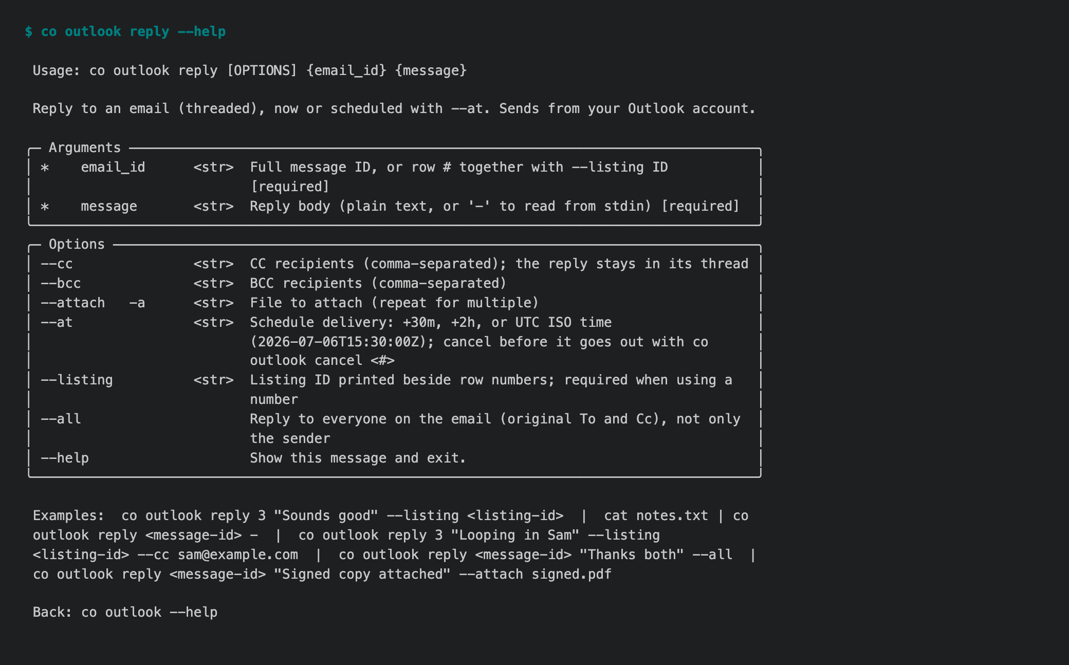 co outlook reply --help showing --all