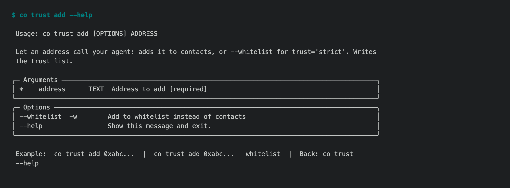 co trust add --help: the purpose, what it changes, an example and the way back