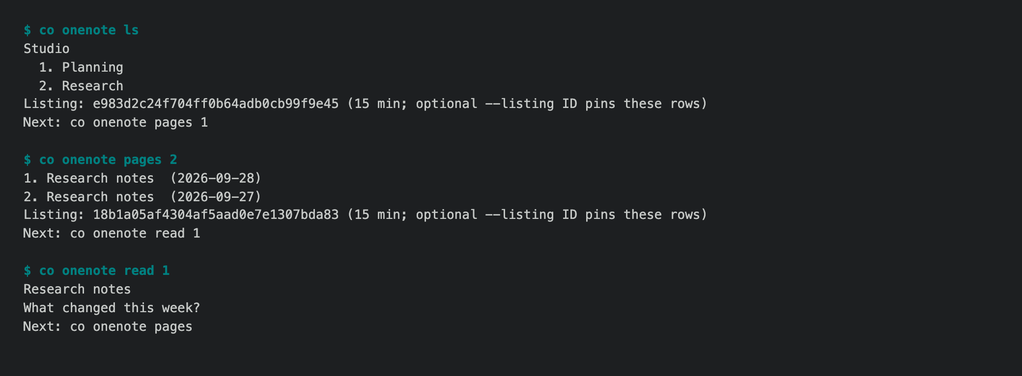 OneNote numbered CLI journey