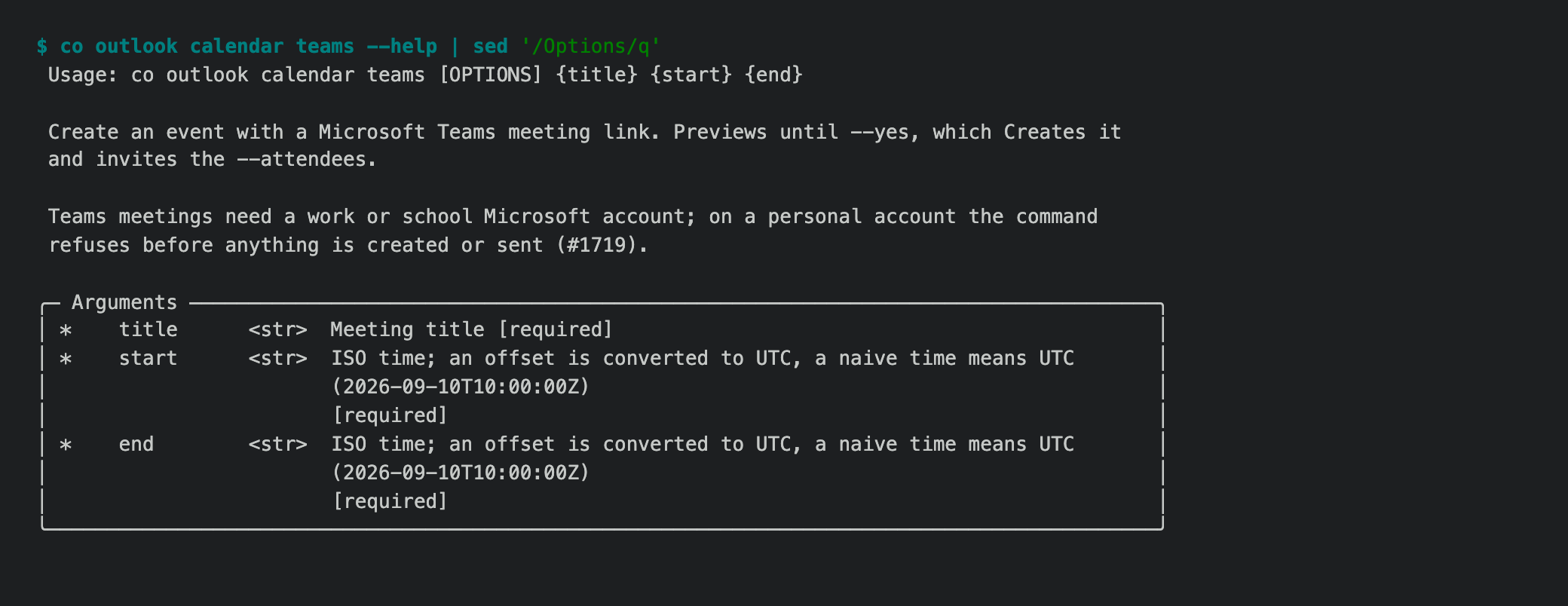 co outlook calendar teams --help: Teams needs a work or school account