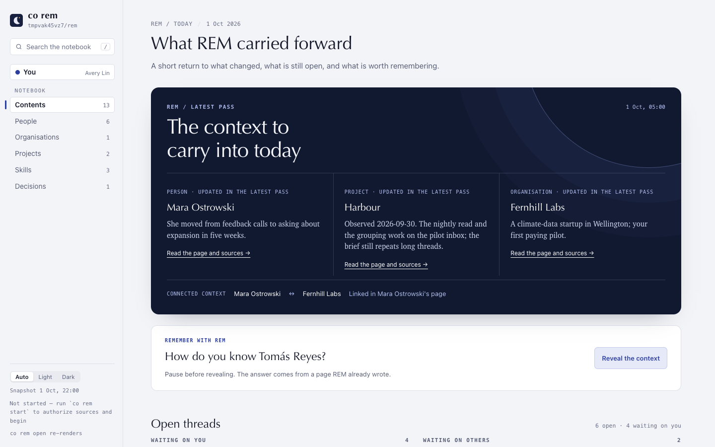 The new REM home leads with remembered context