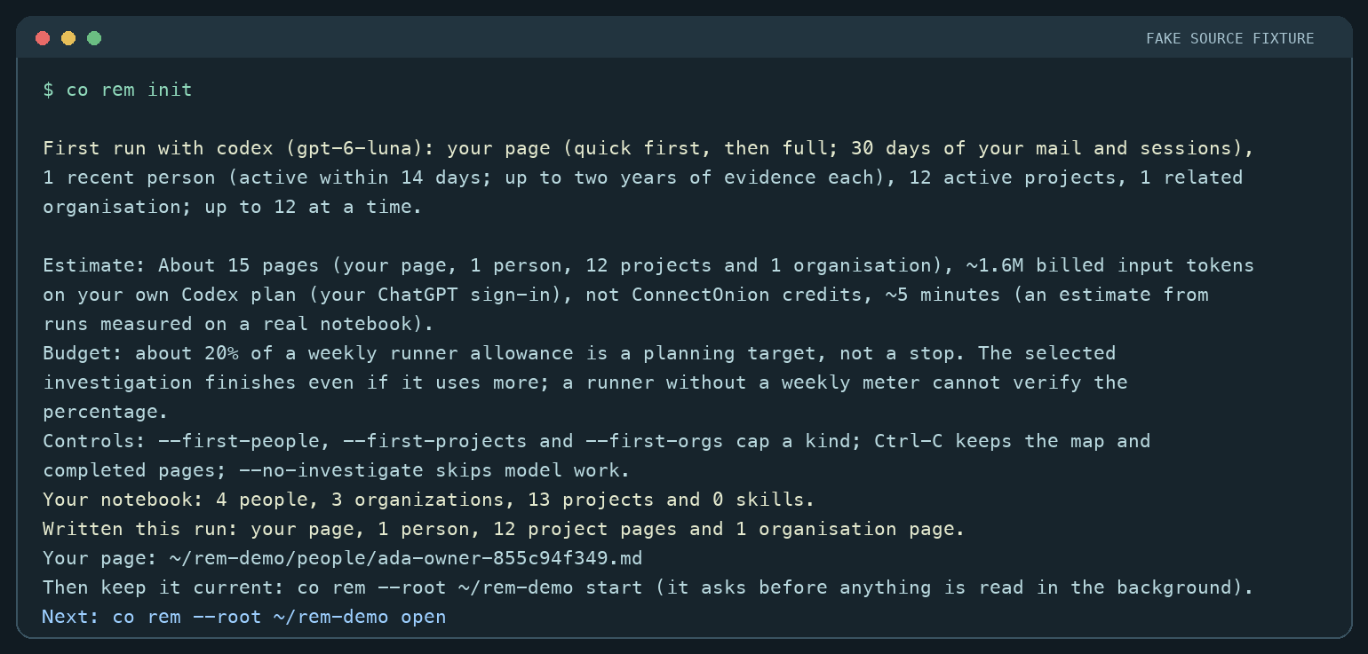 REM first-run CLI preview using invented source data