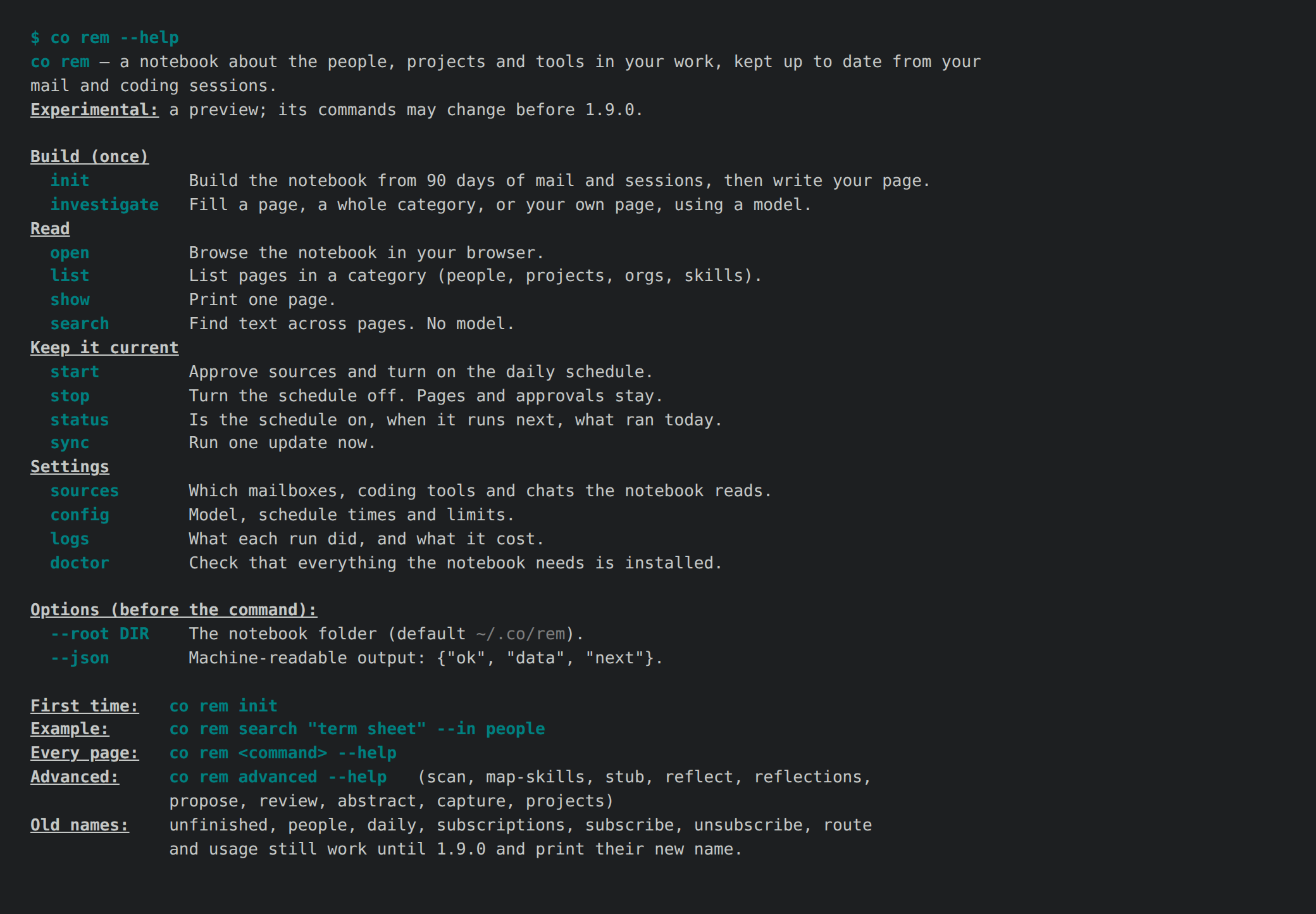 co rem --help in a terminal: headings, the command column and every co rem command in colour