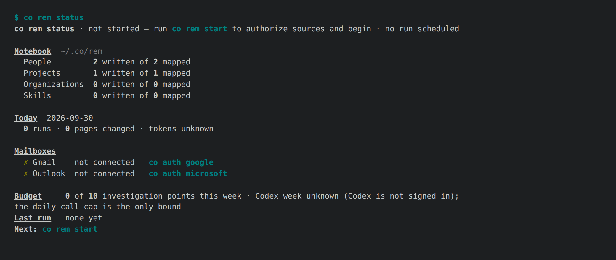 co rem status as a terminal shows it: the notebook written of mapped, today, mailboxes with their fix, and Next: co rem start