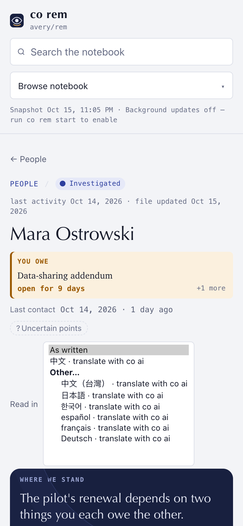 The 1.9.3b5 live reader on a phone: Read in, your languages first