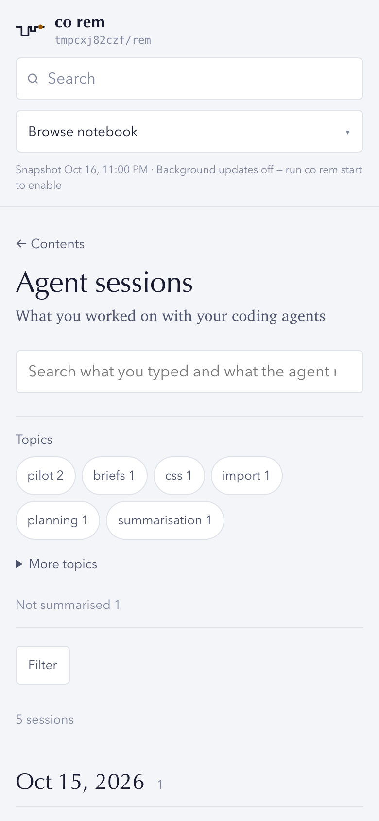 Agent sessions on a phone, filters folded